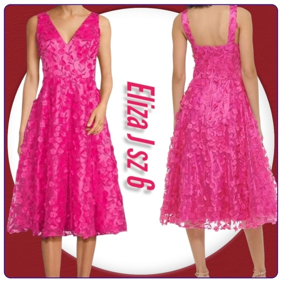 Eliza J Women's Sleeveless V-Neck Fit & Flare Pink Midi Dress - Picture 1 of 13